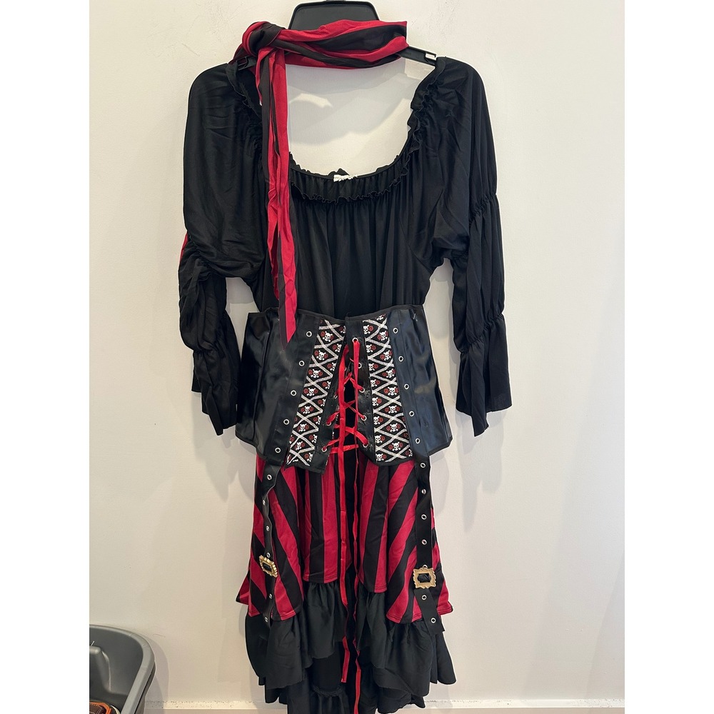 Womens Pirate Costume 1X Red Black Striped Skirt Corset Belt Headscarf Outfit